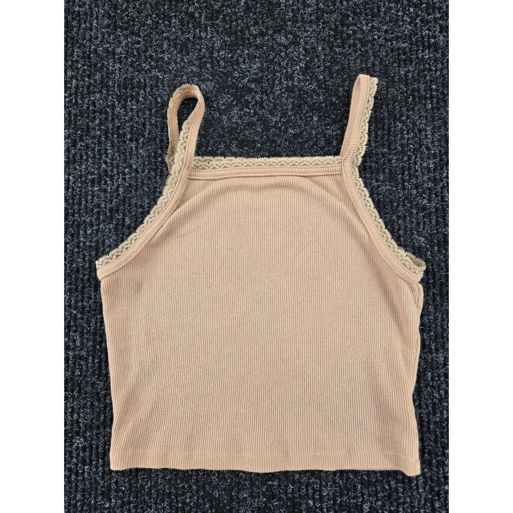 American Eagle Tan Ribbed Lace Trim Cropped Camisole Tank Top Small 1985